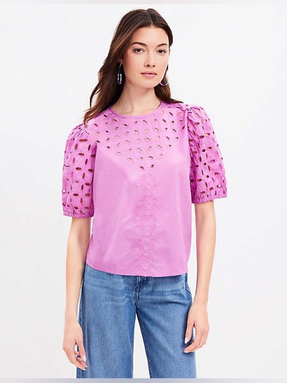New LOFT Eyelet Puff Sleeve Top in Pink SZ L cotton